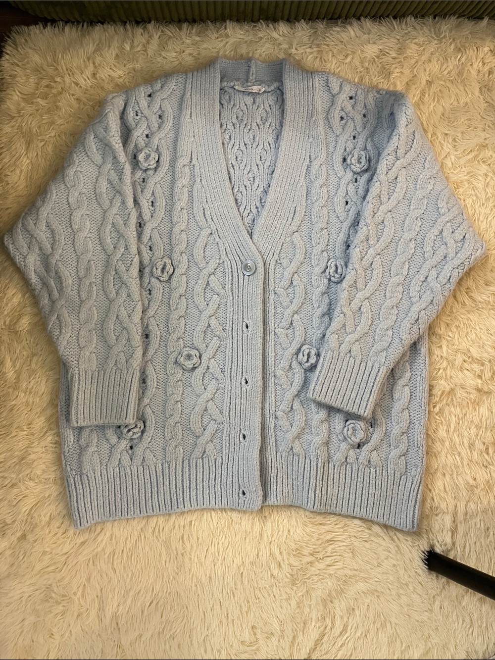 Mango Pale Blue Cable-Knit Floral Accent Cardigan